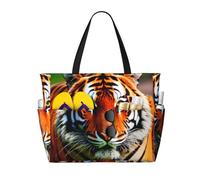 Yyoretp Tiger Stripes Orange Pattern Print Large Beach Bag Donna Impermeabile Pieghevole Cerniera Totes Bag per Vacanze Viaggi.