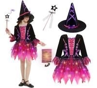 YYSWSAKY Costume da Strega Bambina, Abito di Halloween per Ragazze, LED Vestito Strega con Cappello, Bacchetta Magica e Lanterne, Travestimento Stregatto per Halloween Carnevale Cosplay Festa (100)