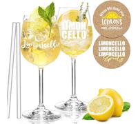 YYSWSAKY Set di 2 bicchieri da limoncello - vetro da aperitivo premium Limoncello - cannucce di vetro in paglia di vetro, sottobicchieri in sughero, ideali per gli appassionati di aperitivi