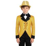 Yyuihri Bambini Giacca Elegante Ragazzo Cravatta con Cappello Paillette Giacca Abito Scintillante Abito Mago Halloween Smoking Laurea Oro 5-6 Anni
