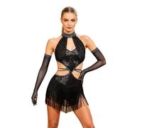 Yyuihri Donna Vestiti Performance con Fiocchi Abito da Pattinaggio Artistico con Strass Vestito Ballo Tango Latino Abito da Salsa Valzer Nero 3XL