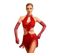 Yyuihri Donna Vestiti Performance con Fiocchi Abito da Pattinaggio Artistico con Strass Vestito Ballo Tango Latino Abito da Salsa Valzer Rosso XL