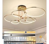 YYUTLUO LED Plafoniera, Ø105cm Lampadario Cerchio In Metallo Dorato, 145W Dimmerabile Continuo 3000-6000K, Lampadario Rotondo Moderno In Placca Camera Letto Soggiorno Bambini Ufficio Studio (6 Anelli)