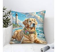 YYVKPMLXC Federa Cuscino Golden Retriever Dog Pittura Ad Olio,Coastal Lighthouse Quadrati Federe Cuscini Divano Cotone Fodere Per Cuscini Per Camera Da Letto Divano Cuscino Per Esterno 50x50cm