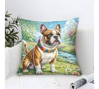 YYVKPMLXC French Bulldog Federa Cuscino Pittura Ad Olio,Garden Stream Scene Square Federa Copricuscino Poliestere Fodera Per Cuscino Per Camera Da Letto, Divani, Sedie, Letti E Giardini 40x40cm