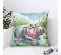 YYVKPMLXC Hippopotamus Federa Cuscino Moderni Pittura Ad Olio,Wetland Pond Square Federe Cuscini Divano Poliestere Fodere Per Cuscini Adatto Per Divani Soggiorno Cuscino Decorazione 50x50cm