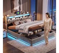 YYXLDYNB Letto baule 160 x 200 cm con rete a doghe, letto imbottito con LED e funzione di ricarica USB e Type-C, testiera con tasche laterali e ripostiglio, velluto, grigio(senza materasso)