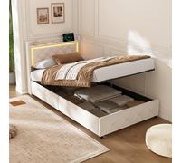 YYXLDYNB Letto baule 90 x 200 con LED e USB, letto singolo 90 x 200 cm, con contenitore idraulico, letto imbottito con testiera, letto singolo, rete a doghe, velluto, beige (senza materasso)