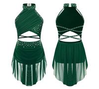 YZDKR Vestito Body da Ragazza con Strass Scintillanti, Pattinaggio Artistico, Ginnastica Ritmica, Balletto lirico, Latino, Danza Moderna per Le esibizioni di Danza Classica Femminile(Green,14)