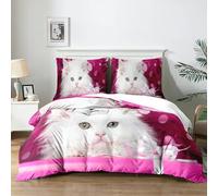 Yzehomijia Housses de Couette Chat 140×200 cm,Enfant Parure de lit imprimé Chat 3D, 1 Housse de Couette en Microfibre Rose + 2 taies d'oreiller 65×65 cm (Cat1×140)