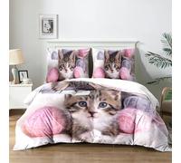 Yzehomijia Housses de Couette Chat 220×240 cm,Enfant Parure de lit imprimé Chat 3D, 1 Housse de Couette en Microfibre Rose + 2 taies d'oreiller 65×65 cm (Cat2×220)
