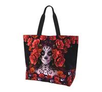YzgWjBhd Borsa larga da donna con motivo strega di Halloween, grande, divertente, leggera, per tutti i giorni, Teschio di rose di zucchero del giorno dei morti, One Size