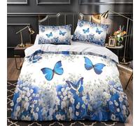 YZQGLHP Copripiumino 135x200 Farfalla Blu Copripiumino Singolo Fiori Bianchi Copripiumini Microfibra, Copripiumoni Morbido con Cerniera Copripiumone e 2 Federe 50x80 cm