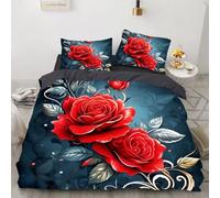 YZQGLHP Rosa rossa Copripiumino Matrimoniale, Rami e foglie grigio-argento Set di Iancheria da letto Morbido Microfibra con 1 Copripiumino 200x200cm+ 2 Federe Cuscino letto 50x75