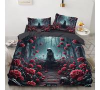 YZQGLHP Scheletro con mantello nero Copripiumino Singolo 140x200cm, Rosa rossa Set di Iancheria da letto Microfibra con 1 Copripiumino+ 2 Federe Cuscino letto 50x75