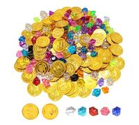 YZROHYI 200 Monete D Oro Pirati,Monete Dorate Finte,Monetes Oro Plastica,Giocattoli Tesoro Pirata Bambini,Gemme Pirate,Monete Oros Gioco,Tesori per la Caccia al Tesoro (100 Monetes d'oro 100 Gemme)