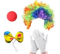 YZZT Set di 4 costumi da clown con parrucca arcobaleno, naso, papillon, guanti bianchi per feste di Halloween, cosplay, carnevale, circo, spettacolo, pagliaccio, costumi da circo per bambini