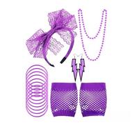 YZZT Set di 7 accessori per costumi anni '80, con fascia in pizzo, orecchini, collana, guanti a rete, costume per feste in stile retrò