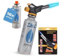 Z.M.C Bruciatore a gas 1,3 kW + 16 cartucce a gas da 227 g, bruciatore per flambé fino a 1300°C, bruciatore Bunsen bruciatore per saldatura con accensione piezoelettrica, bruciatore da cucina con