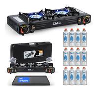 Z.M.C Fornello a gas da campeggio, 2 fuochi + piastra 45 x 24 cm + 12 cartucce di gas da 227 g, fornello da campeggio con dispositivo di sicurezza per esterni ed interni, doppio fornello a gas con