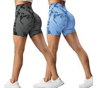 ZAAYO Confezione da 2 pantaloncini sportivi da donna, pantaloni corti da corsa, a vita alta, pantaloni corti, senza cuciture, per fitness, Tie Dye Gym, #1 Black Grey - Light Blue, S