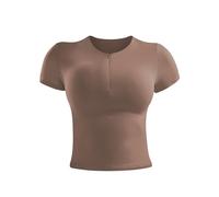 ZAAYO Maglietta sportiva da donna, basic, a doppia linea, Y2K, estiva, crop, top da palestra, leggera, traspirante, con scollo rotondo, palestra, top da yoga, marrone, L