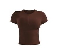 ZAAYO Maglietta sportiva da donna, basic, a doppia linea, Y2K, estiva, crop, top da palestra, leggera, traspirante, con scollo rotondo, palestra, top da yoga, marrone, L