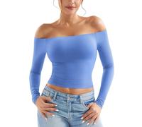 ZAAYO - Top da donna a maniche lunghe, spalle scoperte, Y2K, crop top, basic, T-shirt sportiva, spalle scoperte, per il fitness, da donna, Blu, M