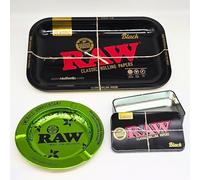 Zactly - Kit vassoio 3 in 1 RAW - Vassoio per rollare, posacenere Emerald 20th Anniversary Edition e scatola nera - Set di metallo di alta qualità per accessori per rotolamento, stoccaggio e