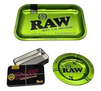 Zactly - Kit vassoio RAW 3 in 1 - Vassoio per rollare Emerald 20th Anniversary Edition, posacenere abbinato e scatola nera - Set di metallo di alta qualità per accessori per rotolamento, stoccaggio e