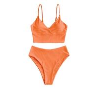 ZAFUL A coste Solido Camicia Chor Taglio A Gamba Alta Vita Tankini Set Imbottito Due Pezzi Costume Da Bagno Da Bagno Per Le Donne, arancione-c, S