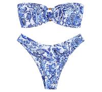 ZAFUL Bikini da donna con O-ring e arricciatura posteriore, taglio alto, set bikini a fascia, imbottitura solida, senza spalline, costume da bagno in due pezzi, 1-blu scuro floreale, S