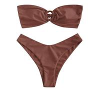 ZAFUL Bikini da donna con O-ring e arricciatura posteriore, taglio alto, set bikini a fascia, imbottitura solida, senza spalline, costume da bagno in due pezzi, 1-marrone, S