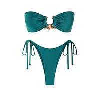 ZAFUL Bikini da donna, O-ring, senza spalline, allacciatura posteriore, taglio alto, costume da bagno in due pezzi, costumi da bagno, 1 verde., S