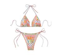 ZAFUL Costume da bagno a due pezzi con supporto trangle da donna Tie-Side Cheeky Texture/floreale/stampa leopardata, 2 fiori+arancione, M