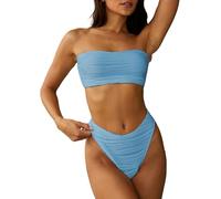 ZAFUL Set bikini a fascia alta testurizzato con lacci sulla schiena, imbottiti, due pezzi a vita bassa, costume da bagno da donna, 1-azzurro, S
