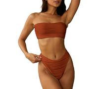 ZAFUL Set bikini a fascia alta testurizzato con lacci sulla schiena, imbottiti, due pezzi a vita bassa, costume da bagno da donna, 1 caramello, M