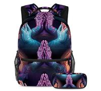 Zainetto con astuccio, motivo: mani in preghiera, set da scuola indispensabile per studenti, Multicolore#02, B:29.4x20x40cm P:19x7.5x3.8cm, Zaini Daypack