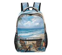 Zainetto con fiori blu e rosa con design multi tasca per scuola e viaggio, Palme sulla spiaggia, Small, Zaino casual per la scuola