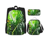 Zainetto verde con pianta della giungla tropicale, 3 pezzi, 40,6 cm, borsa per libri scolastici con scatola per il pranzo, grandi zaini per la scuola elementare, Nero , Taglia unica, Set di zaini per