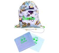Zainetto/Zaino, Sacca Personalizzabile Bambino e Bambina in 100% Cotone | Sacchetto Asilo Nido Scuola Materna | Personalizzato con Ricamo Nome | Made in Italy (set con asciugamani, blu/bianco/verde)