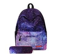 Zaini Casual Set da 2 Pezzi con Astuccio Viola Cielo Stellato Galassia Multifunzione Borse Spalla Zaino Studente Daypack per la Gita Scolastica All'aperto Gli Sport (Viola, 30 CM x 17 CM x 40 CM)