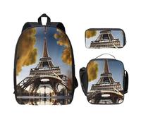 Zaini con stampa di paesaggio urbano Parigi Torre Eiffel Francia con astuccio per il pranzo 3 pezzi, borsa leggera per libri per scuola media, Nero , Taglia unica