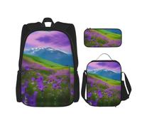 Zaini da studio con paesaggio naturale con fiori viola con prato e montagna con portapranzo, astuccio in tela da viaggio per studenti elementari, Nero , Taglia unica, Set di zaini per la scuola