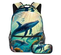 Zaino alla moda con astuccio, il set perfetto per la scuola per ragazzi, ragazze e adolescenti, con balena carina, Multicolore, B:29.4x20x40cm P:19x7.5x3.8cm, Zaini Daypack