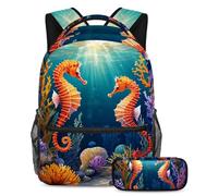 Zaino alla moda con astuccio, libera il tuo stile con questo set di zaini per la scuola di grande capacità per ragazzi, ragazze e adolescenti, carino cavalluccio marino, Multicolore, B:29.4x20x40cm\