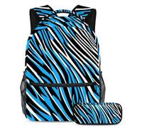 Zaino alla moda con astuccio, libera il tuo stile con questo set di zaini per la scuola di grande capacità per ragazzi, ragazze e adolescenti, strisce zebrate blu, Multicolore, B:29.4x20x40cm\