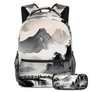 Zaino alla moda con astuccio, libera il tuo stile con questo set di zaini per la scuola di grande capacità per ragazzi, ragazze e adolescenti, pittura a inchiostro, Multicolore, B:29.4x20x40cm\