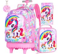 Zaino arrotolabile per ragazze, 3 pezzi, borsa da scuola con ruote con borsa per il pranzo per bambini, resistente all'acqua, con ruote a rullo, rosa unicorno, Unicorno rosa rotolante da 53,3 cm,