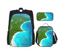 Zaino + astuccio/astuccio + borsa per il pranzo borsa per la scuola combinata, borsa per la scuola per ragazze, ragazzi, bambini, studenti, leggero e durevole, un'isola nell'oceano, Nero , Taglia